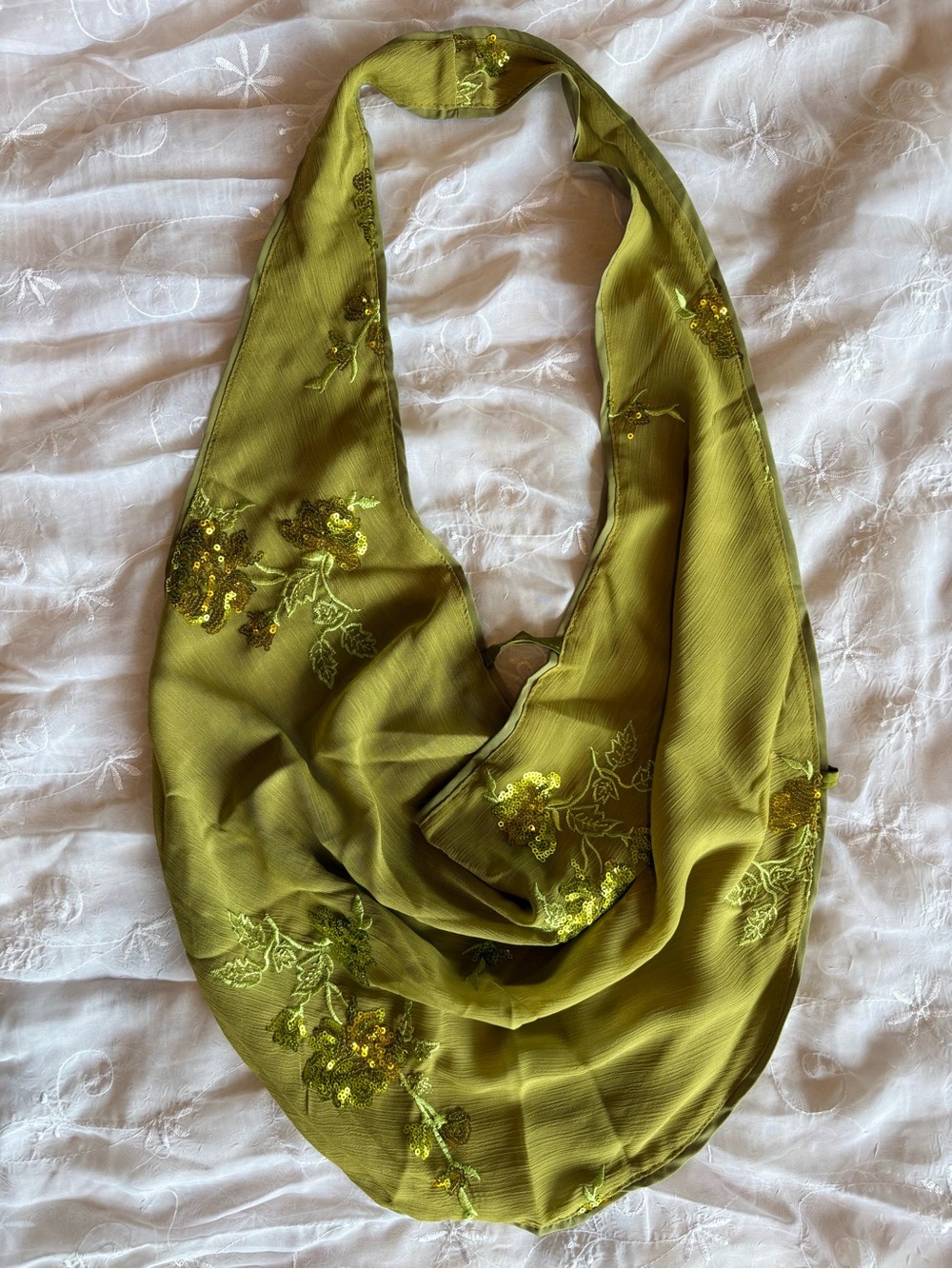 Olive Green Embroidered Cowl BackLess Top with Sequins